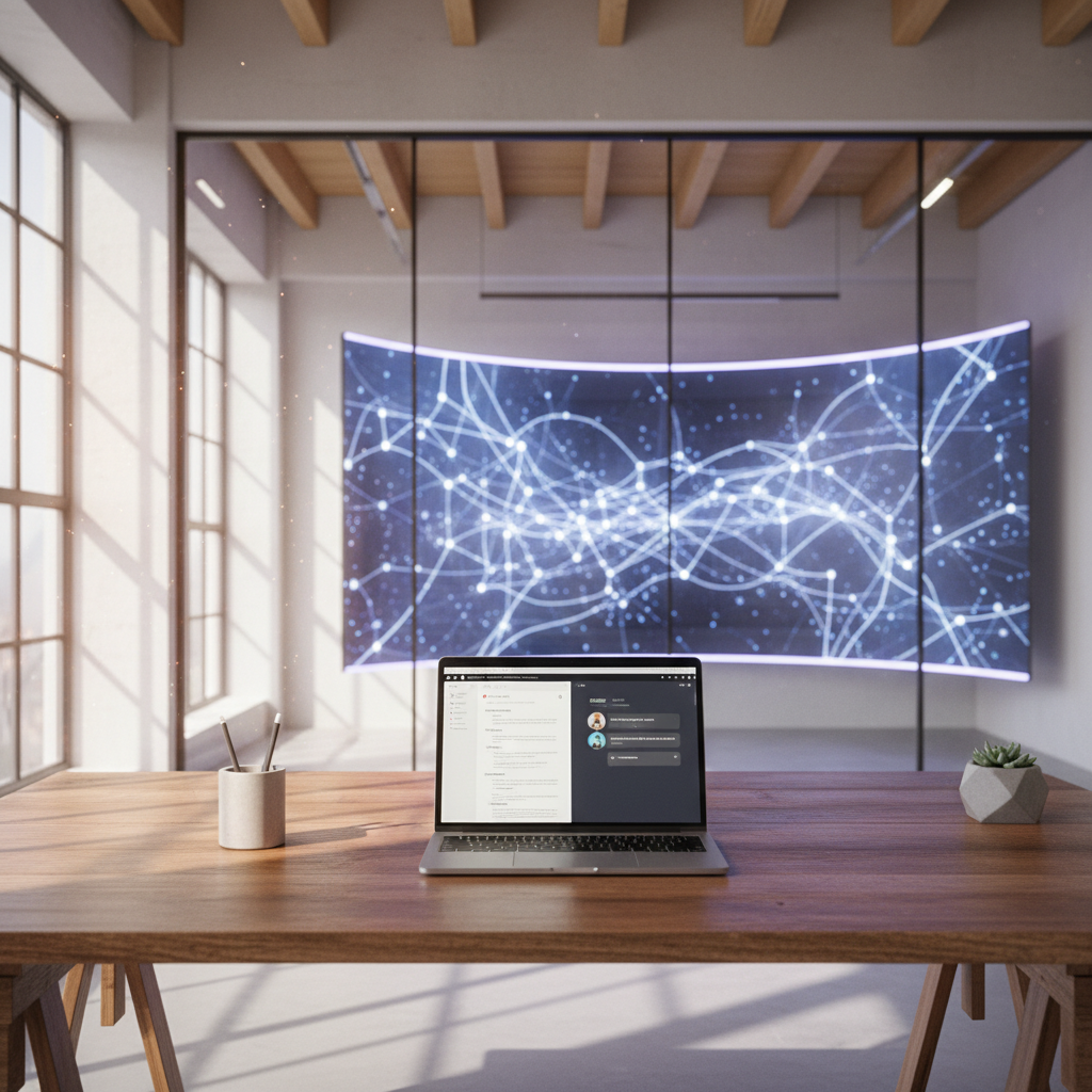 Modern office setting with high-tech screens showing data visualizations and AI interface windows.