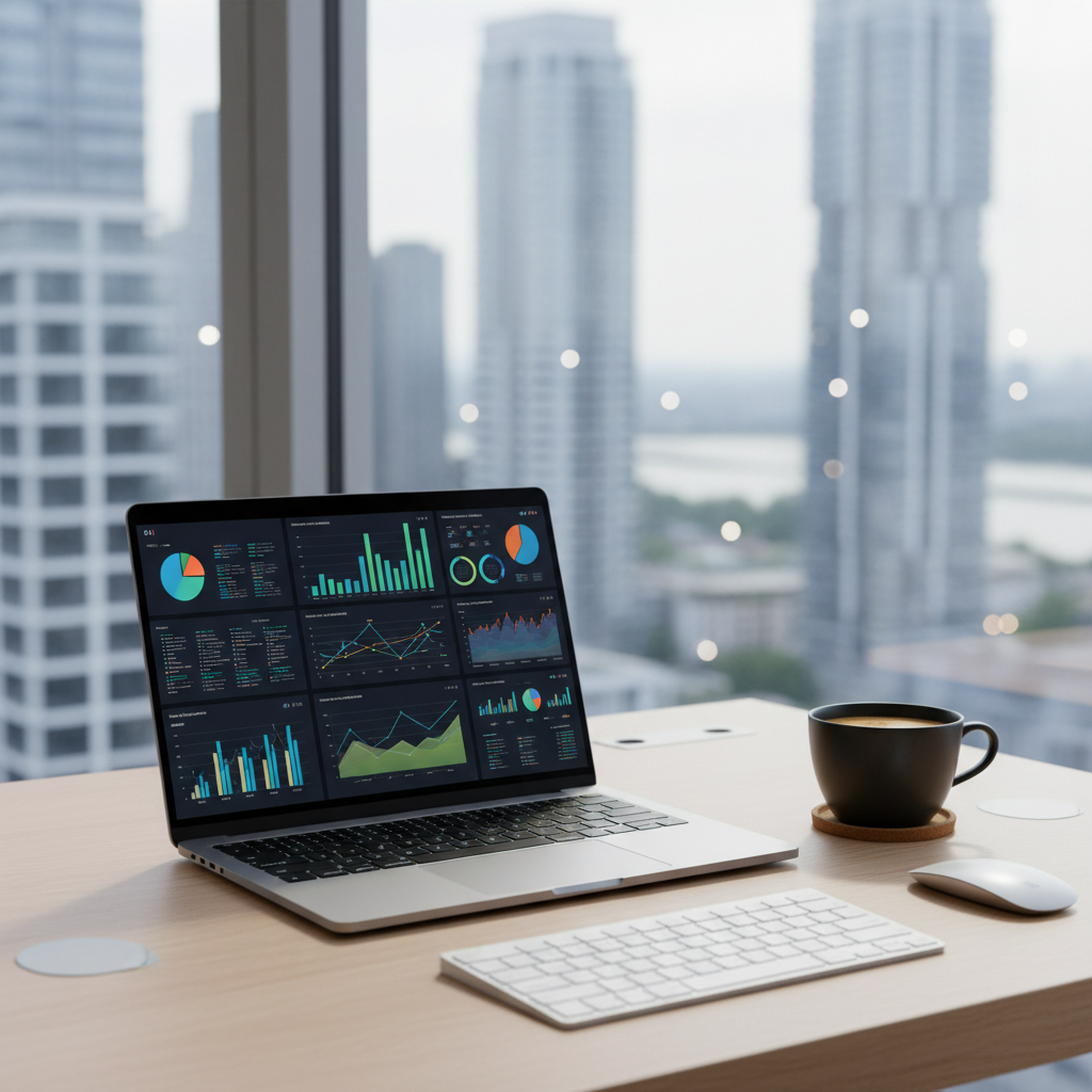 A clean, modern workspace with multiple monitors displaying data visualizations of SEO growth and AI search visibility graphs.