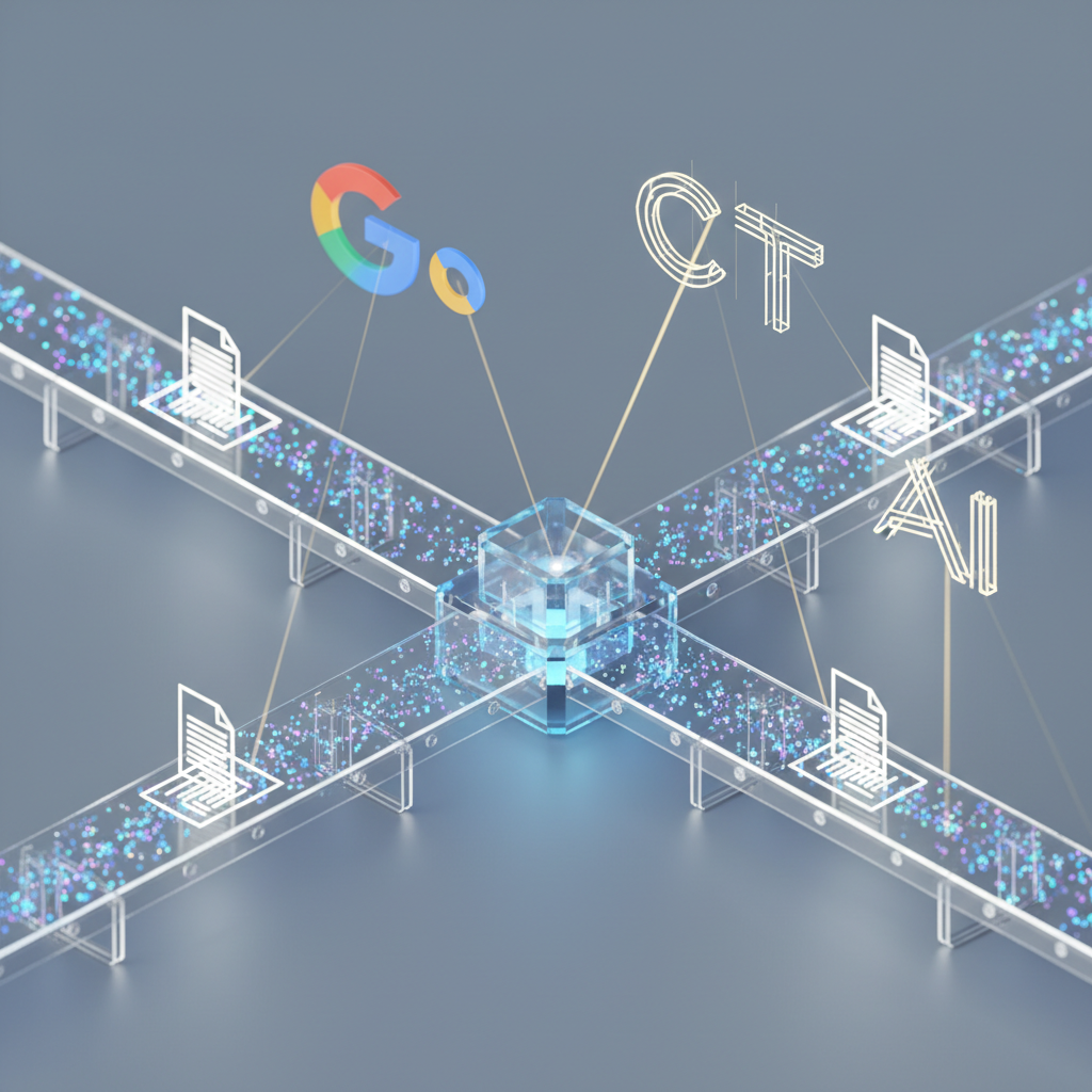 A conceptual illustration of a digital pipeline connecting keyword data to published web pages.