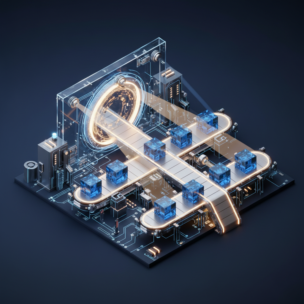 A conceptual 3D visualization of a digital pipeline connecting keyword discovery to live web pages.