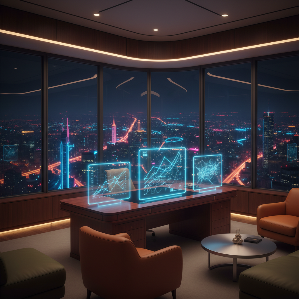 A high-tech control center with glowing blue data streams and holographic charts showing SEO growth metrics.