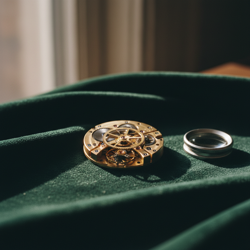 Close-up of a high-end mechanical watch movement with intricate gears and brass components on a dark velvet surface.