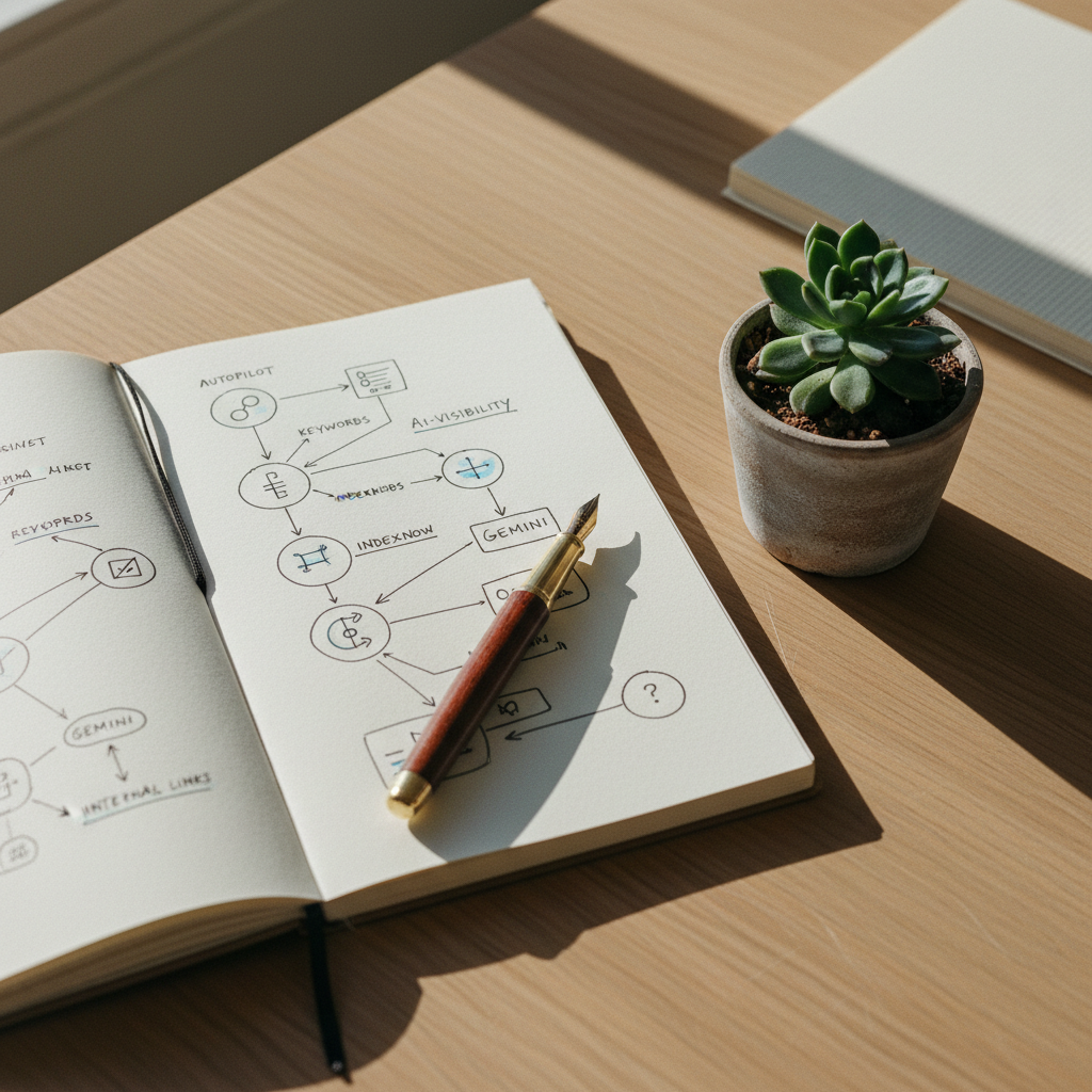 A minimalist wooden desk with an open high-quality notebook, a fountain pen, and a small desert plant in a ceramic pot.