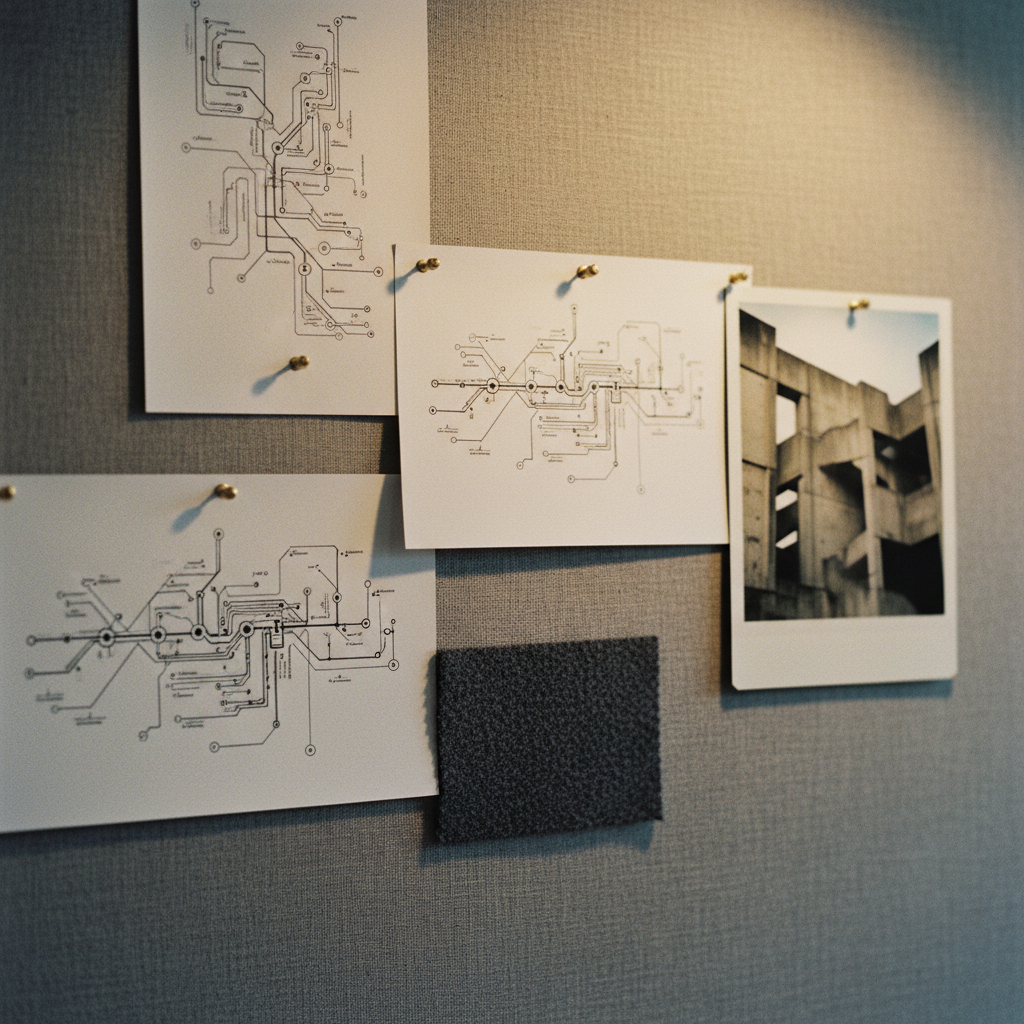 A collection of black and white architectural diagrams pinned to a grey textile board.