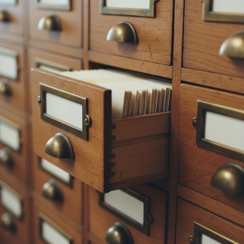 A close-up of a large mechanical library card catalog with wooden drawers and brass labels.