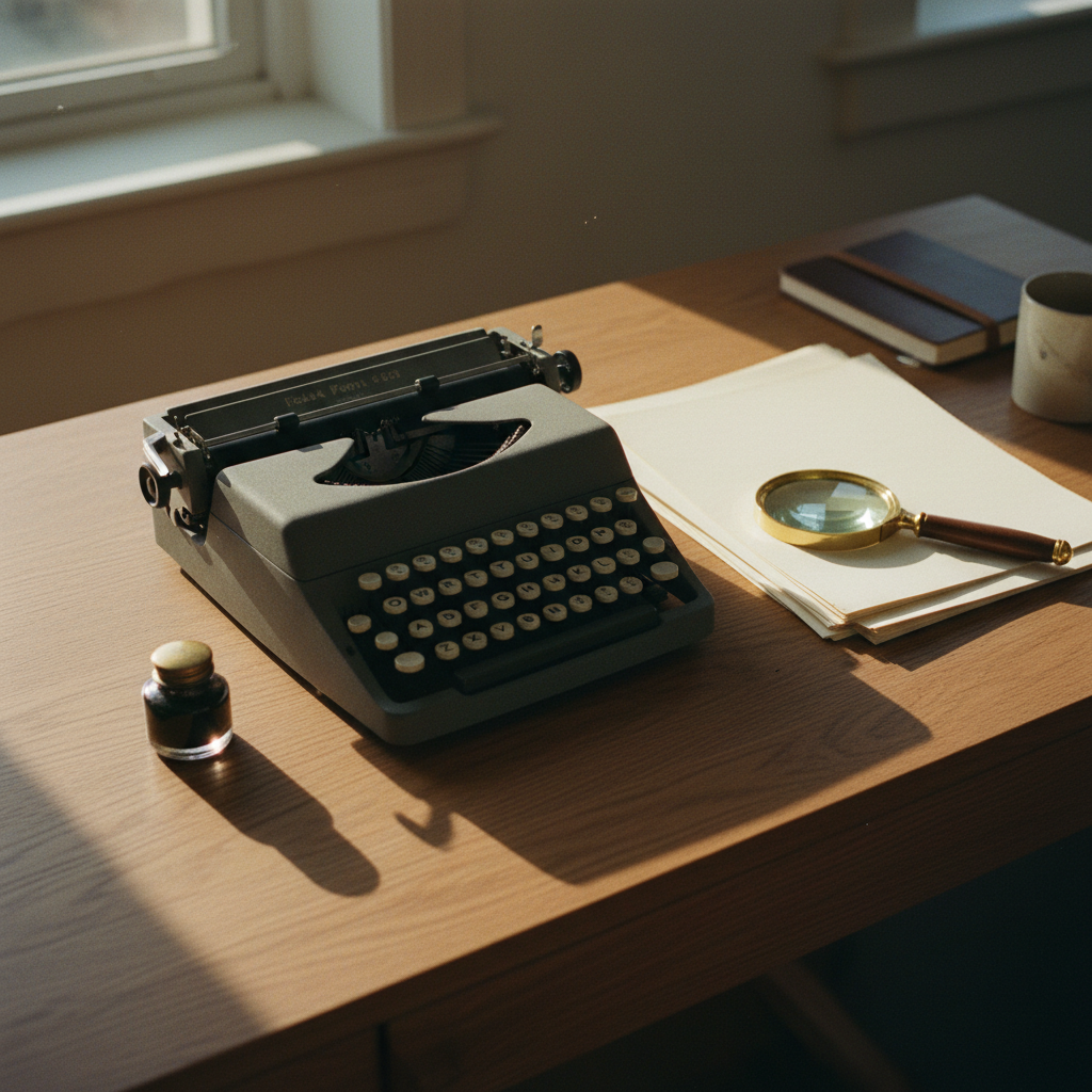 A vintage typewriter on a heavy wooden desk next to a stack of neatly bound manuscripts and a brass magnifying glass.