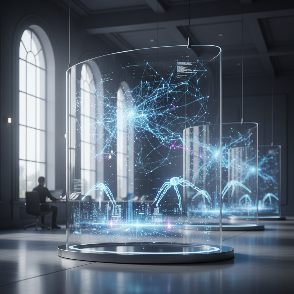 A futuristic digital nerve center showing data streams flowing into search engine logos and AI chat interfaces.