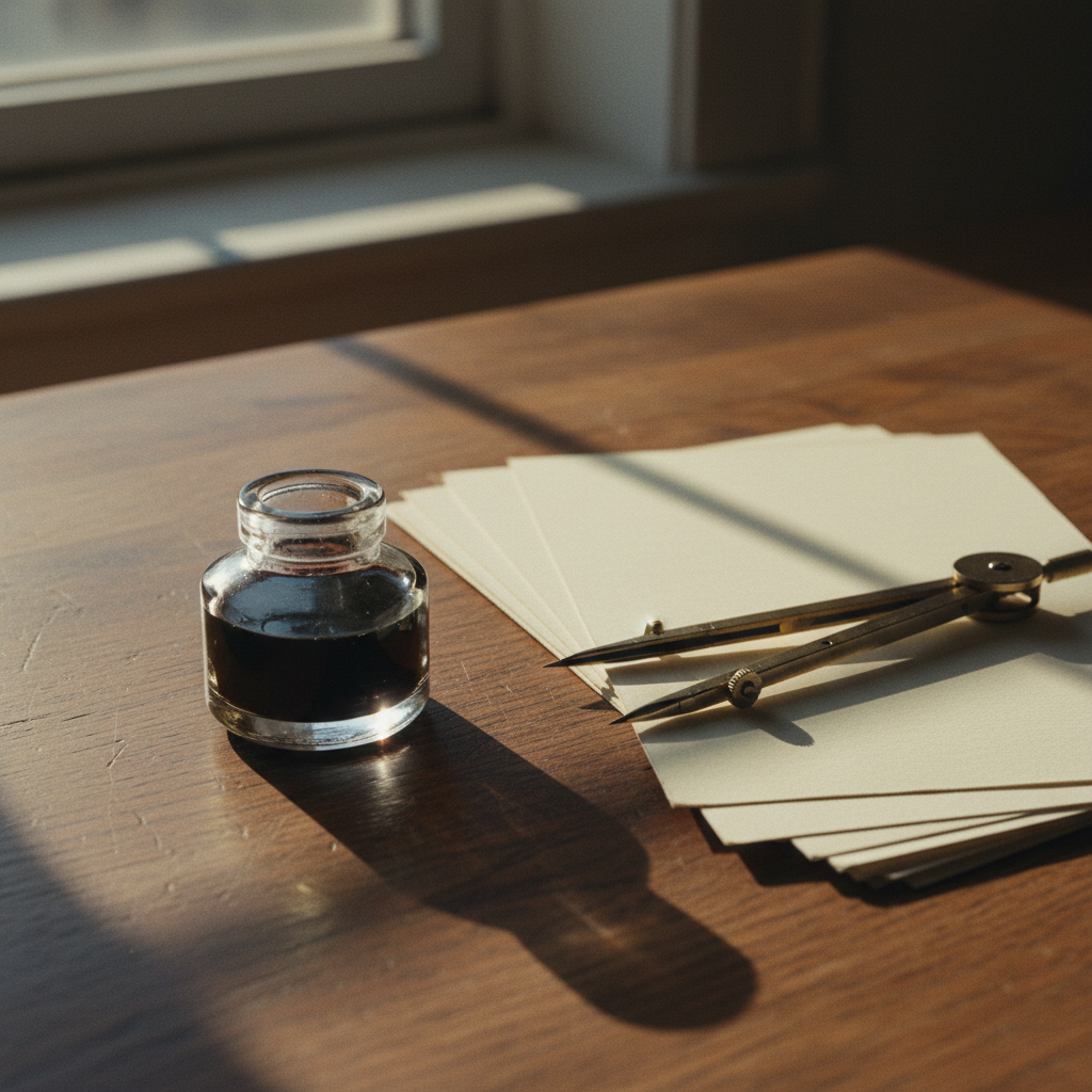 A sleek tabletop with a vintage typewriter, a modern fountain pen, and a stack of clean white paper, softly lit by a morning window.