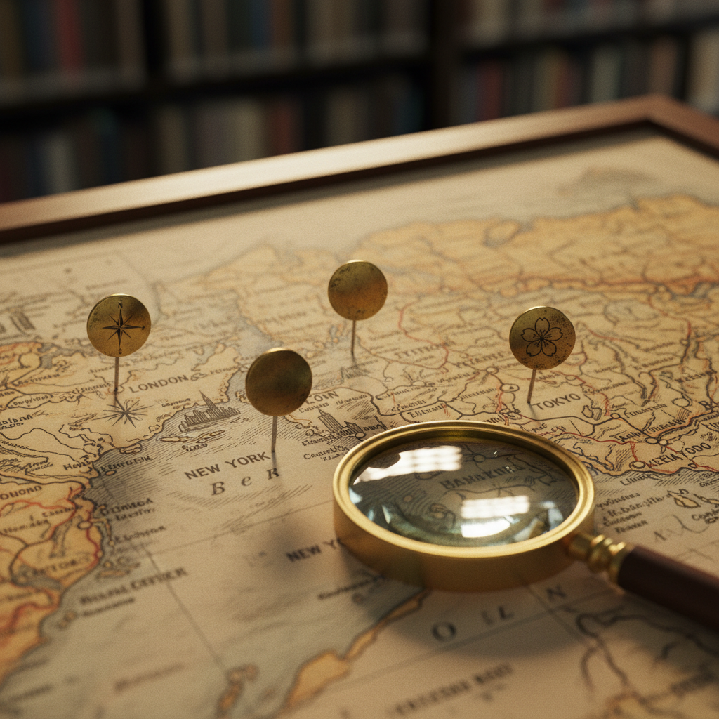 A close-up of a world map printed on heavy linen, with small brass pins marking various global capitals.