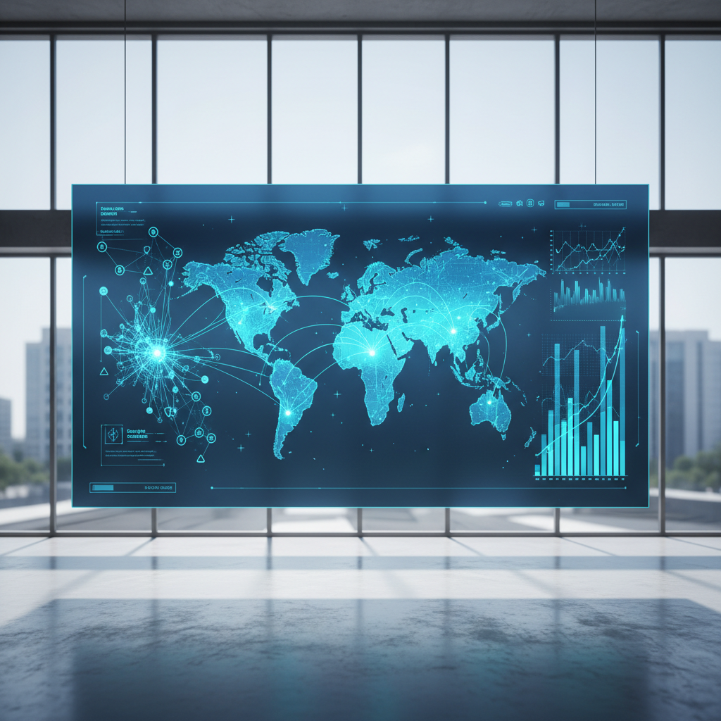A futuristic command center dashboard showing real-time global search data and AI visibility metrics.