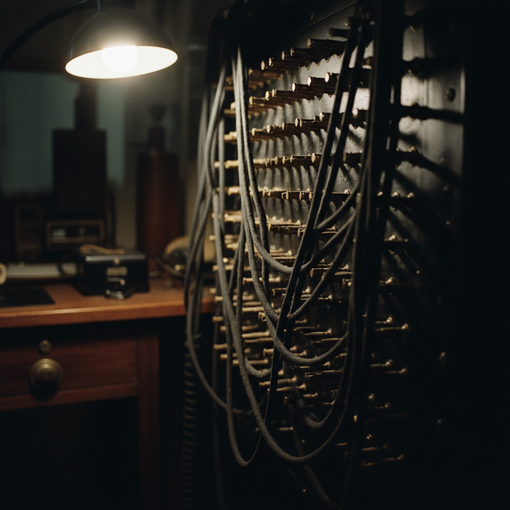 A close-up of an old-fashioned telephone switchboard with many tangled wires and metal jacks.