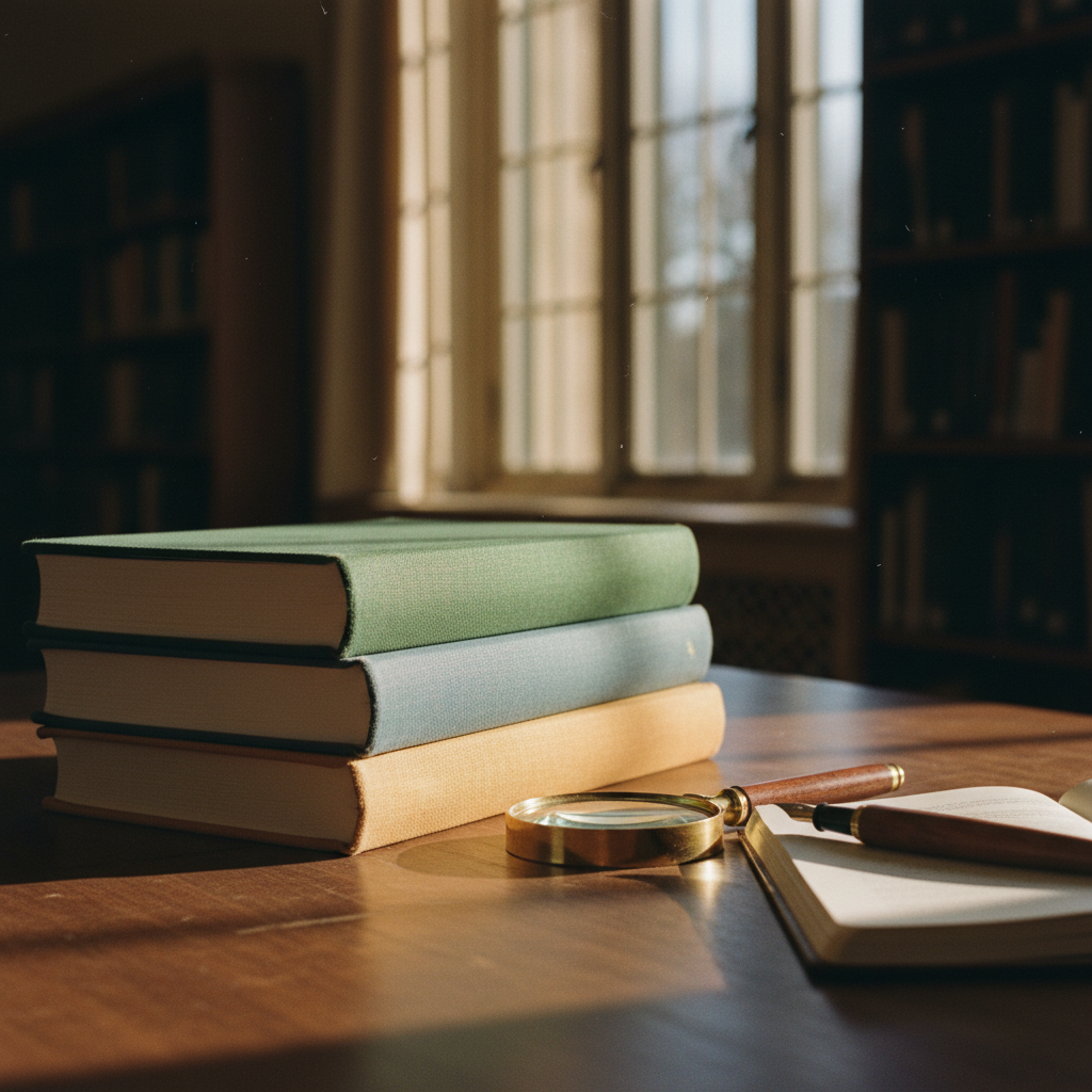 A stack of thick, linen-bound research journals on a dark wooden table.