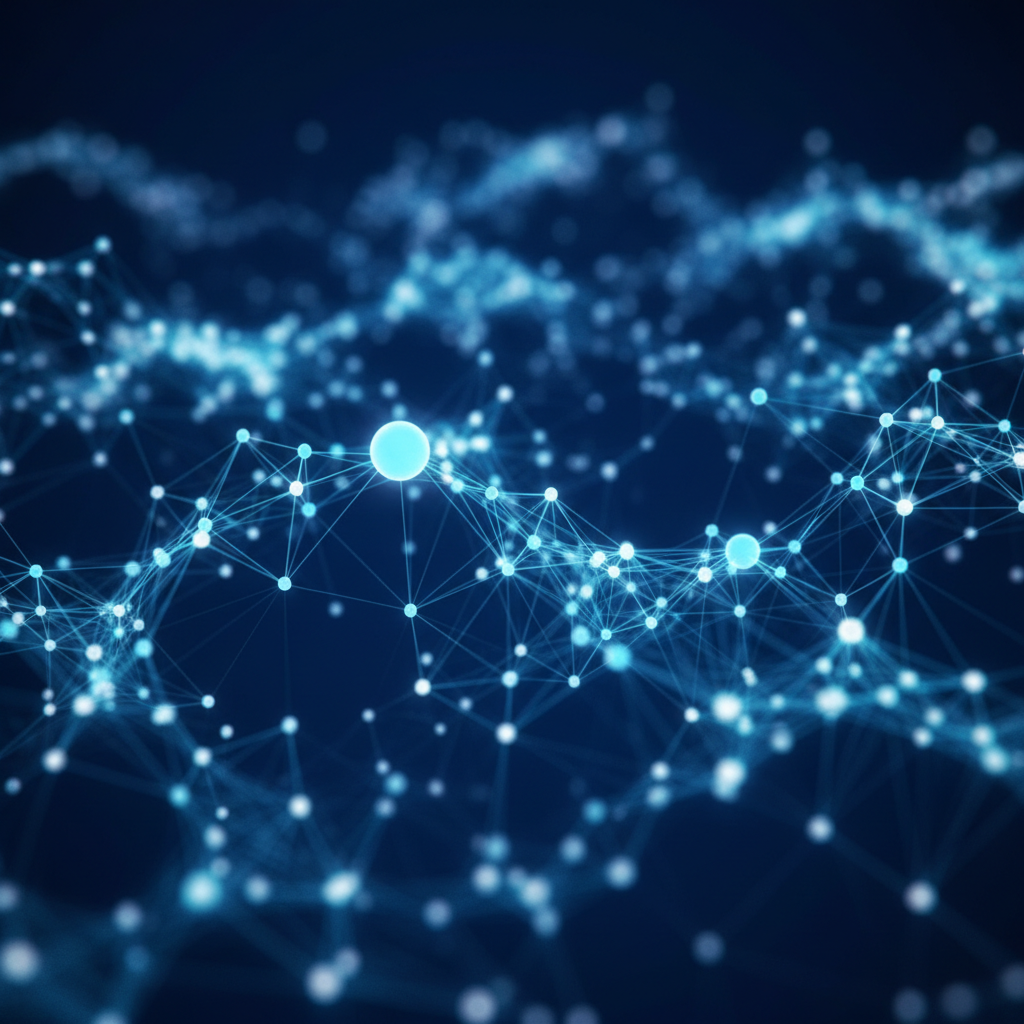A high-tech digital blueprint showing interconnected nodes representing data entities in a glowing network.