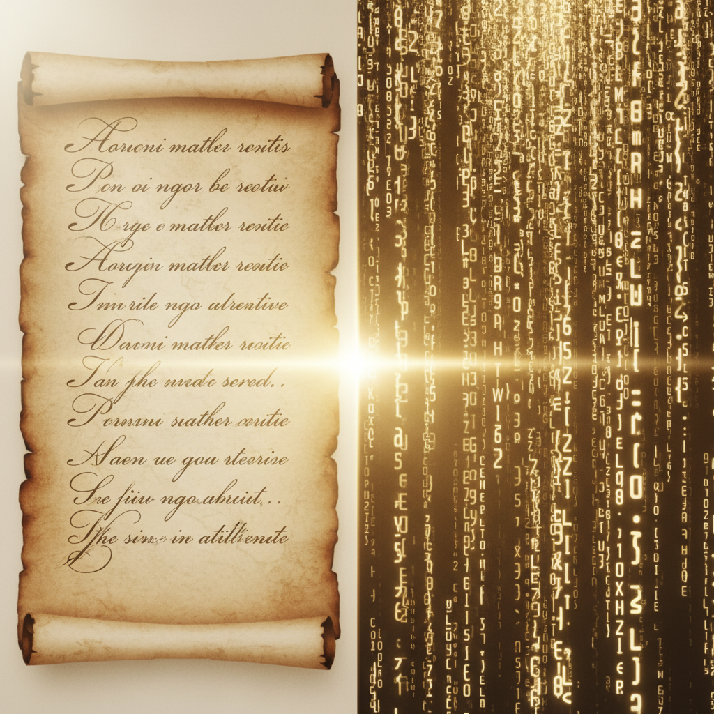 A split screen representation of messy human text on one side and organized, structured code on the other.