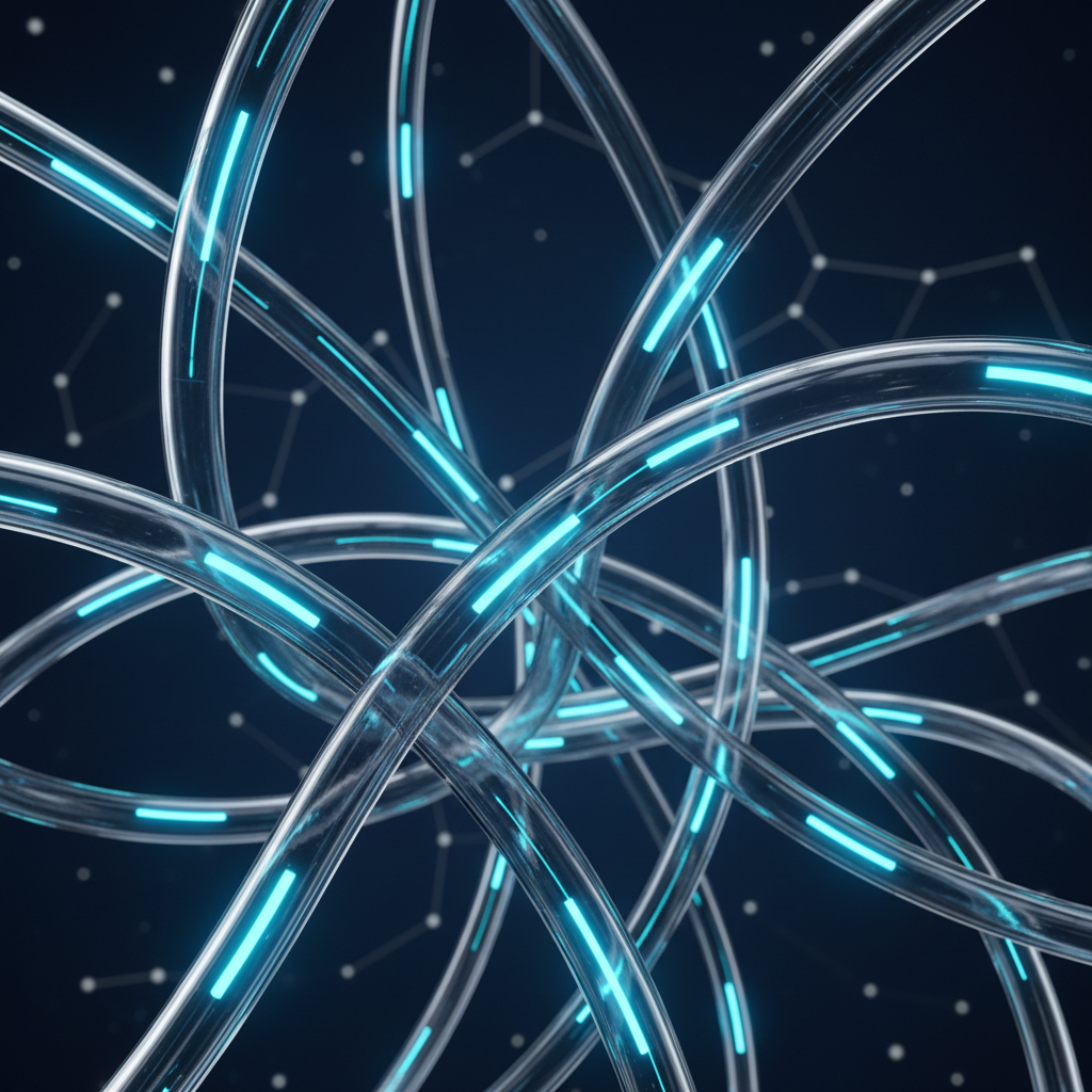 A high-speed digital data stream racing through a network of servers in a futuristic dark blue environment.