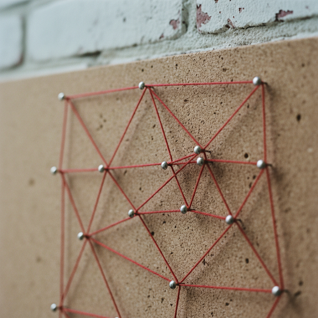 Red thread connecting pins on a corkboard, symbolizing a complex knowledge graph.