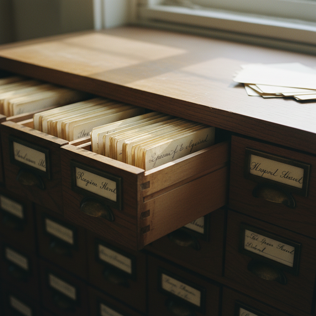 A meticulously organized physical archive with wooden drawers and handwritten index cards.