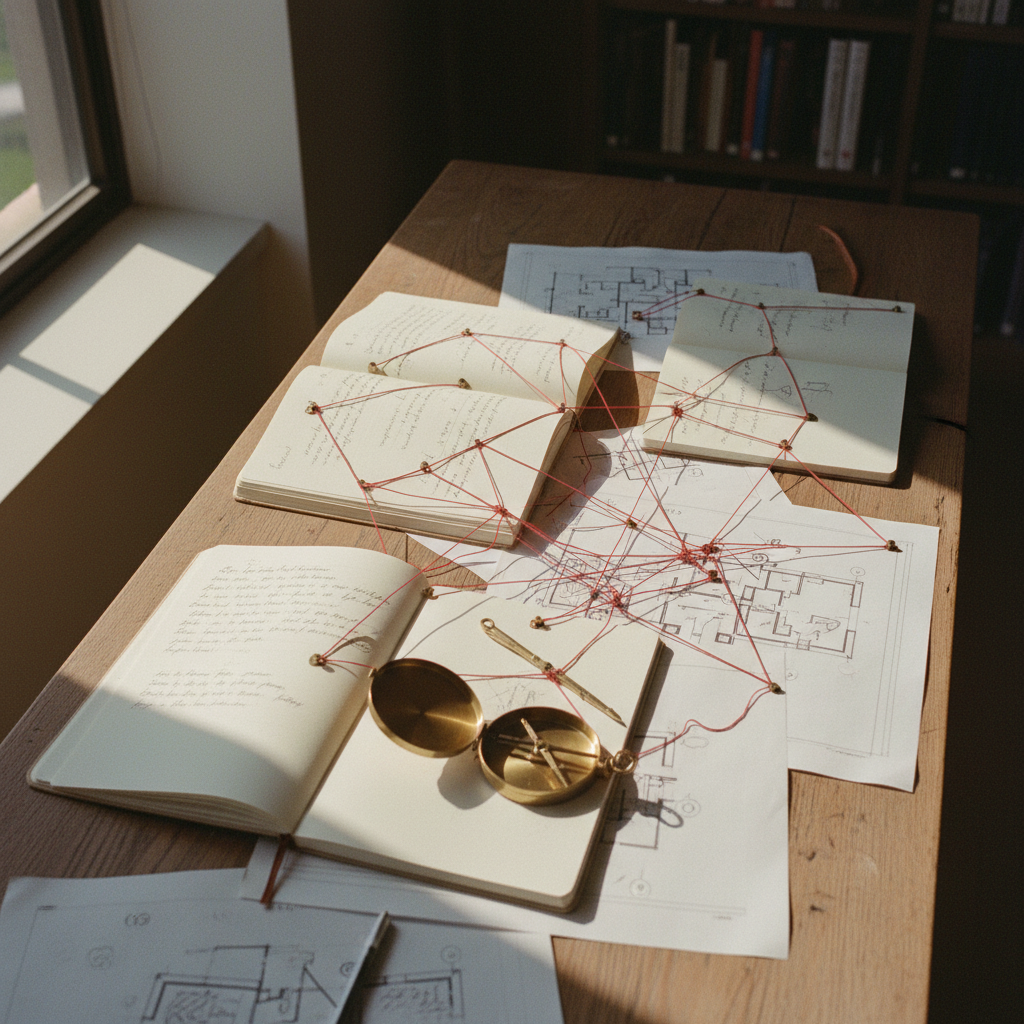 A high-angle shot of a library table with interconnected red threads pinned between various open books and maps.