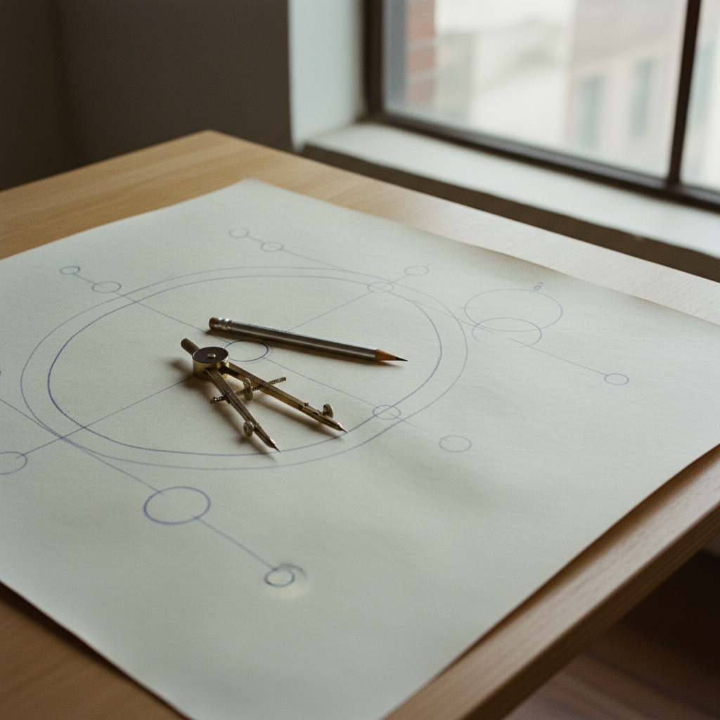 Handwritten notes on a blueprint with technical drawing tools.
