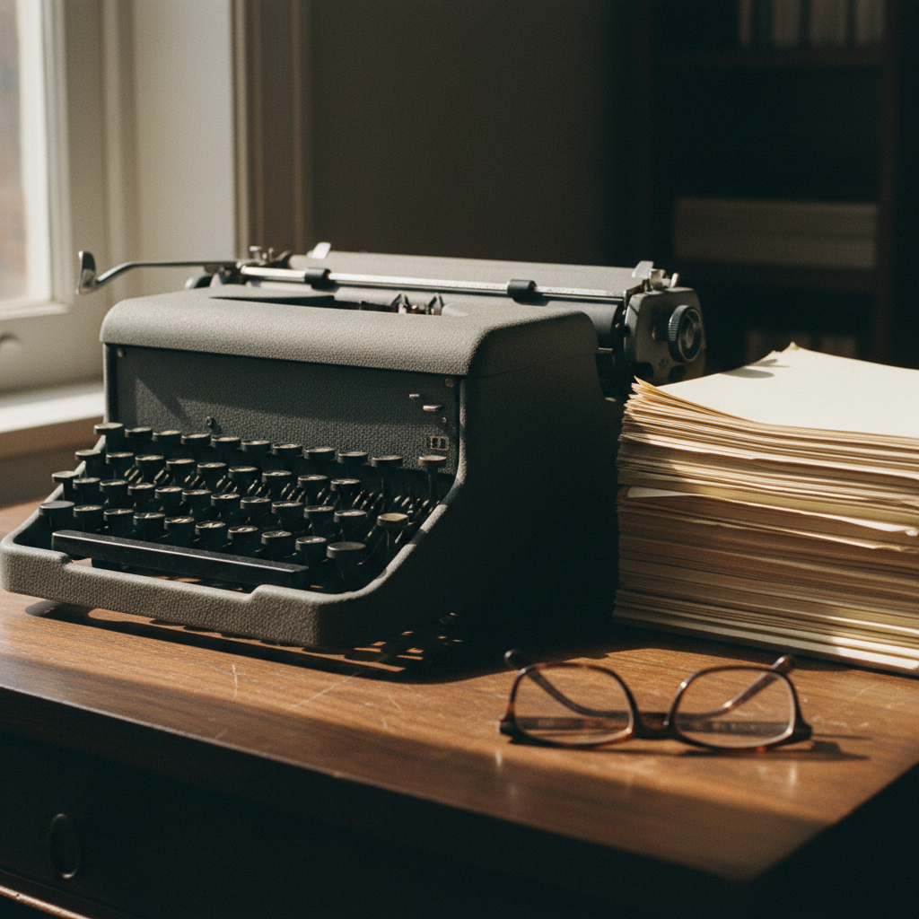 A vintage typewriter and a modern notebook on a wooden desk with afternoon sunlight.