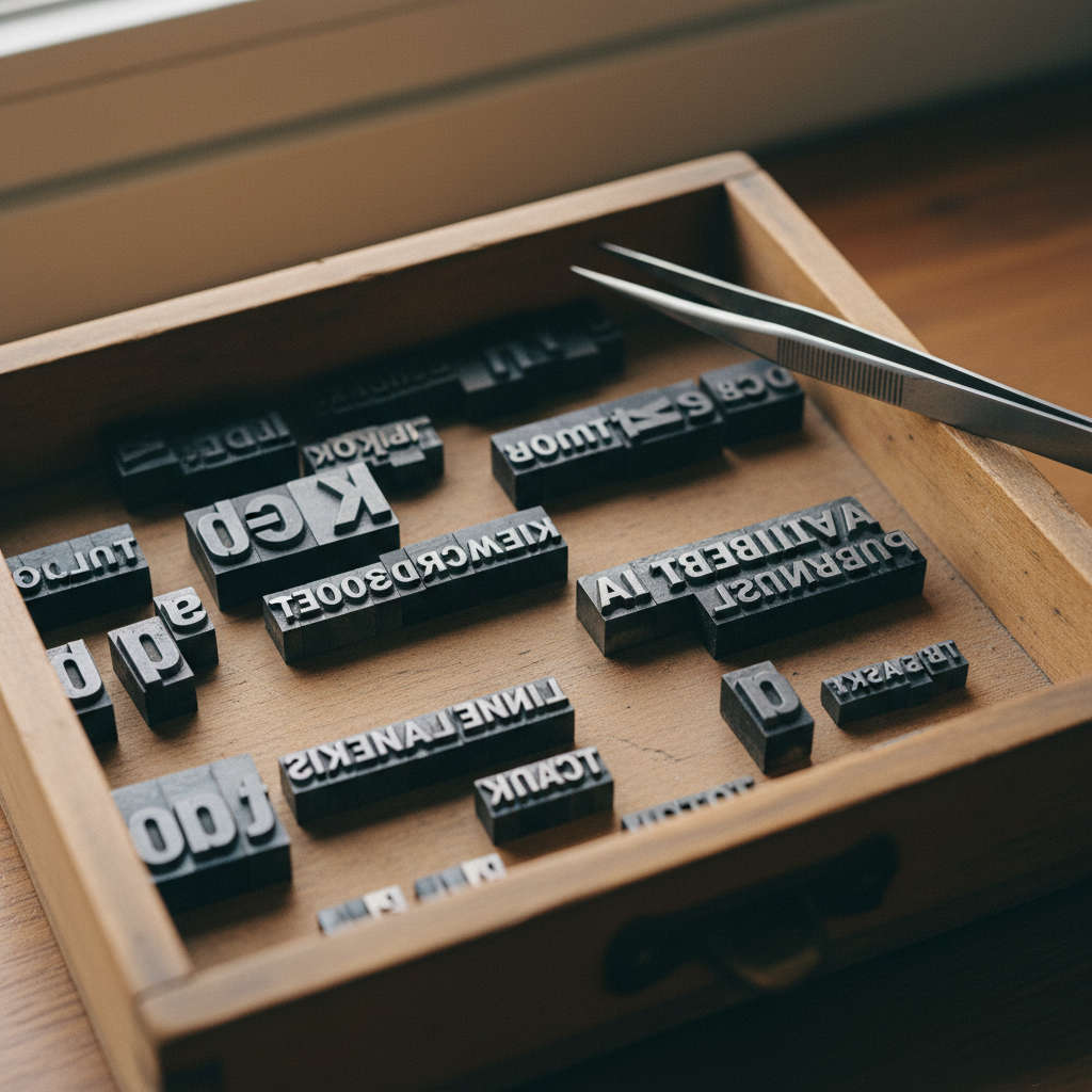 Close-up of a vintage printing press letter blocks being arranged in a wooden tray.