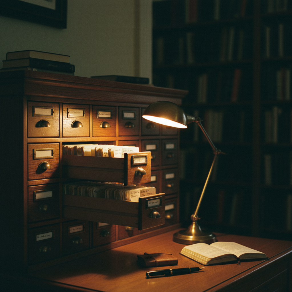 A physical library card catalog with several drawers pulled out and handwritten cards visible.