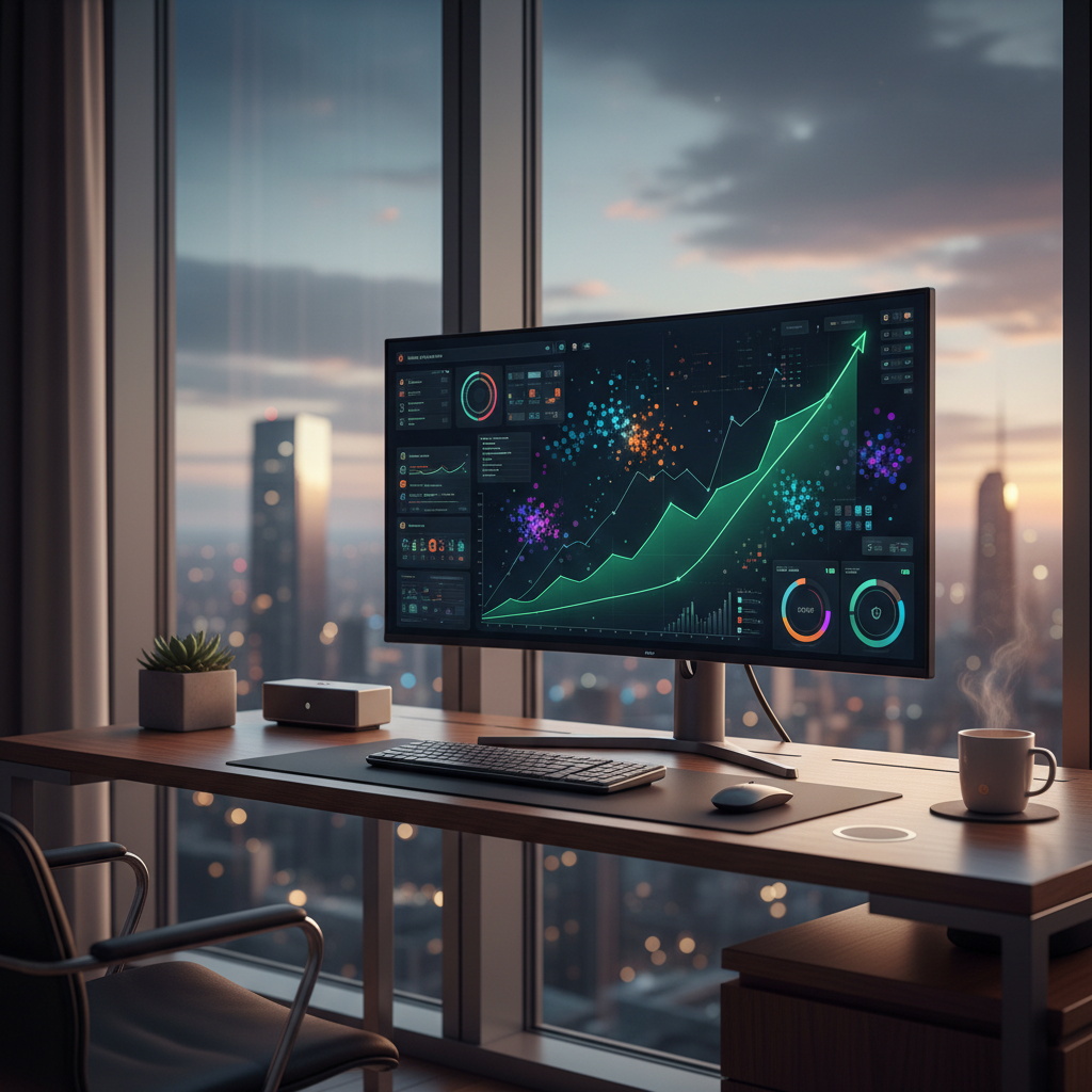A professional workspace with multiple monitors showing complex data visualizations and SEO growth charts.