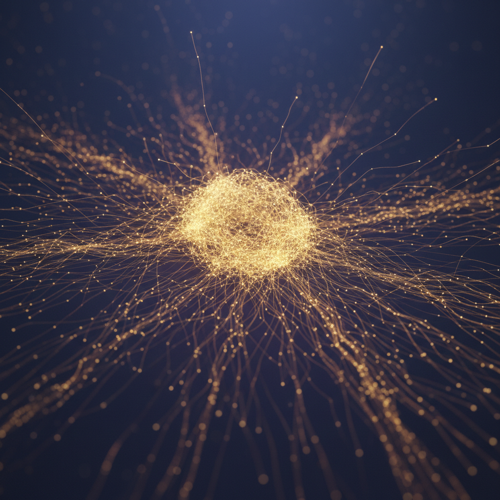 An intricate network of interconnected glowing nodes representing deep SEO keyword opportunities.