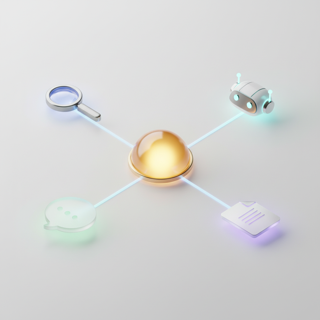 A 3D diagram showing a central hub connecting to multiple search engines and AI icons like chat bubbles and stars.