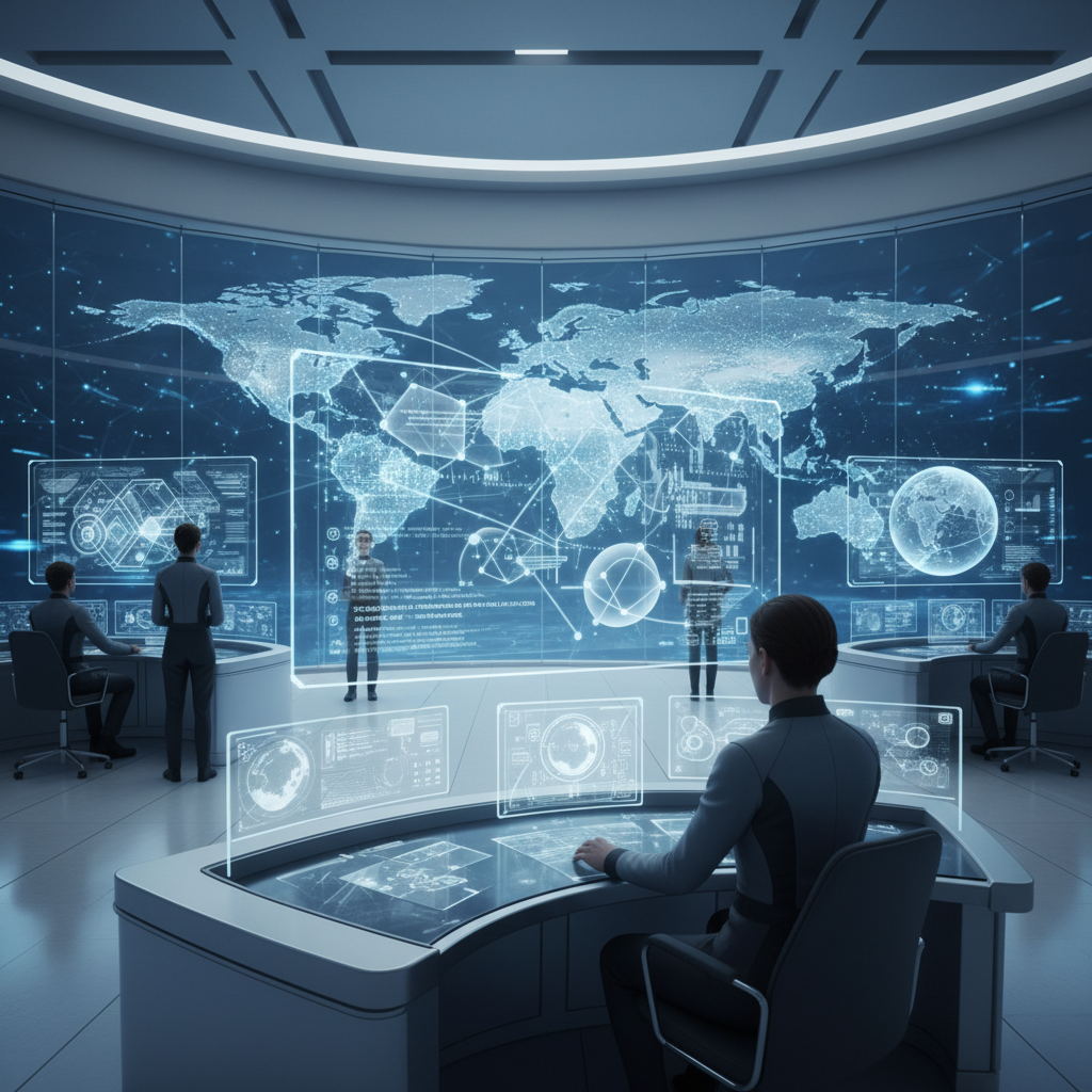 A sleek, futuristic command center interior with glass displays showing data streams, maps, and glowing nodes representing a global digital network.