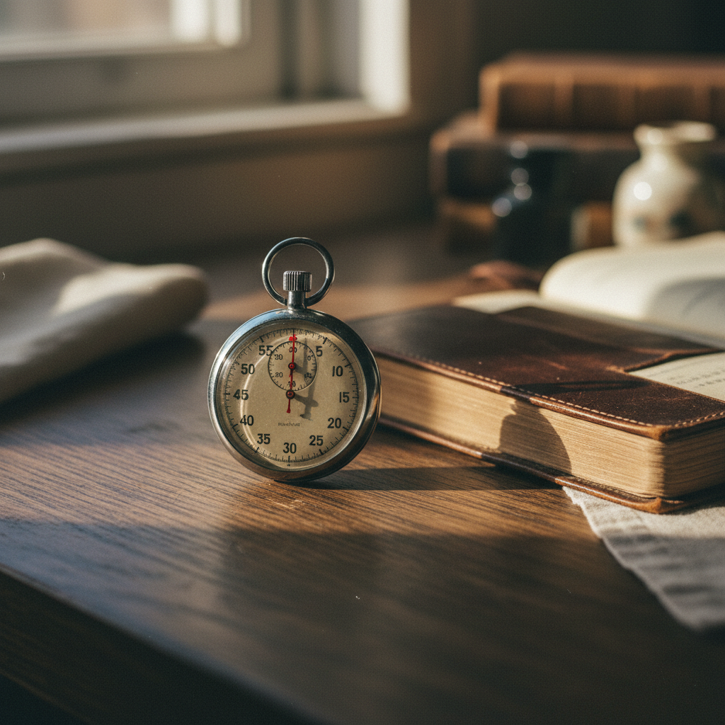 Analog stopwatch on a dark wooden desk next to a leather-bound ledger.
