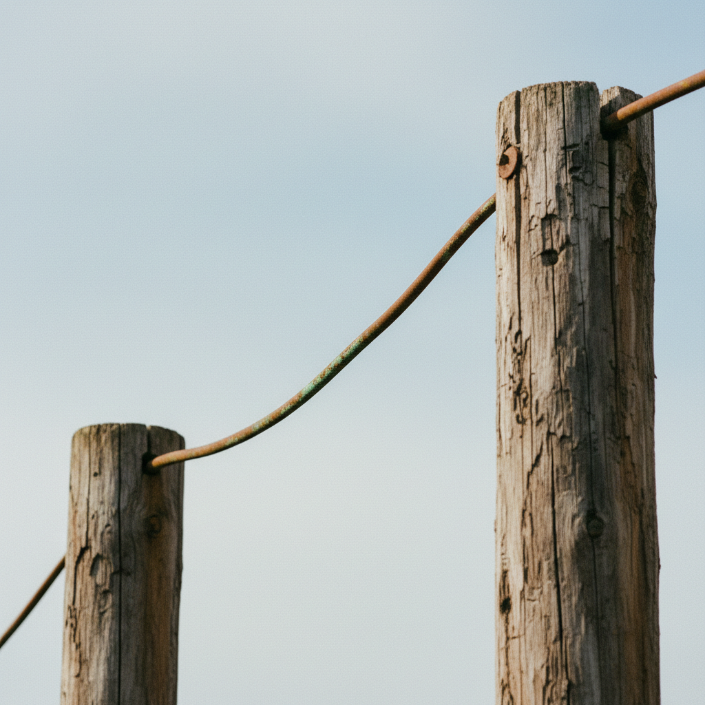 A copper telegraph wire connecting two weathered wooden poles against a clear sky.