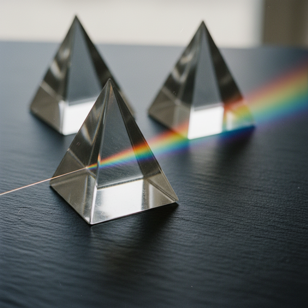 A collection of glass prisms on a black velvet surface refracting a single beam of light into distinct colors.