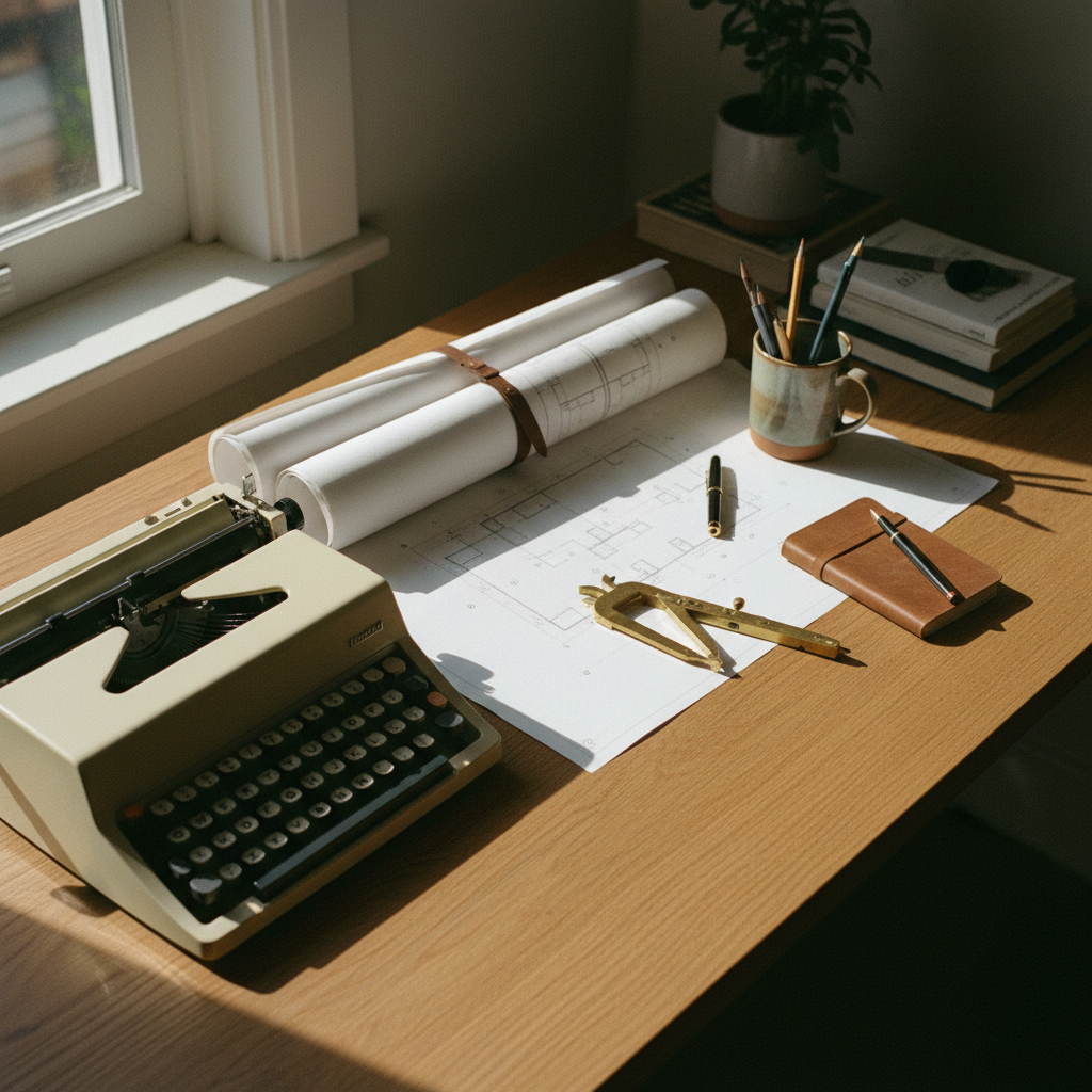 A close-up shot of a vintage typewriter and a modern architectural blueprint on a heavy oak desk.