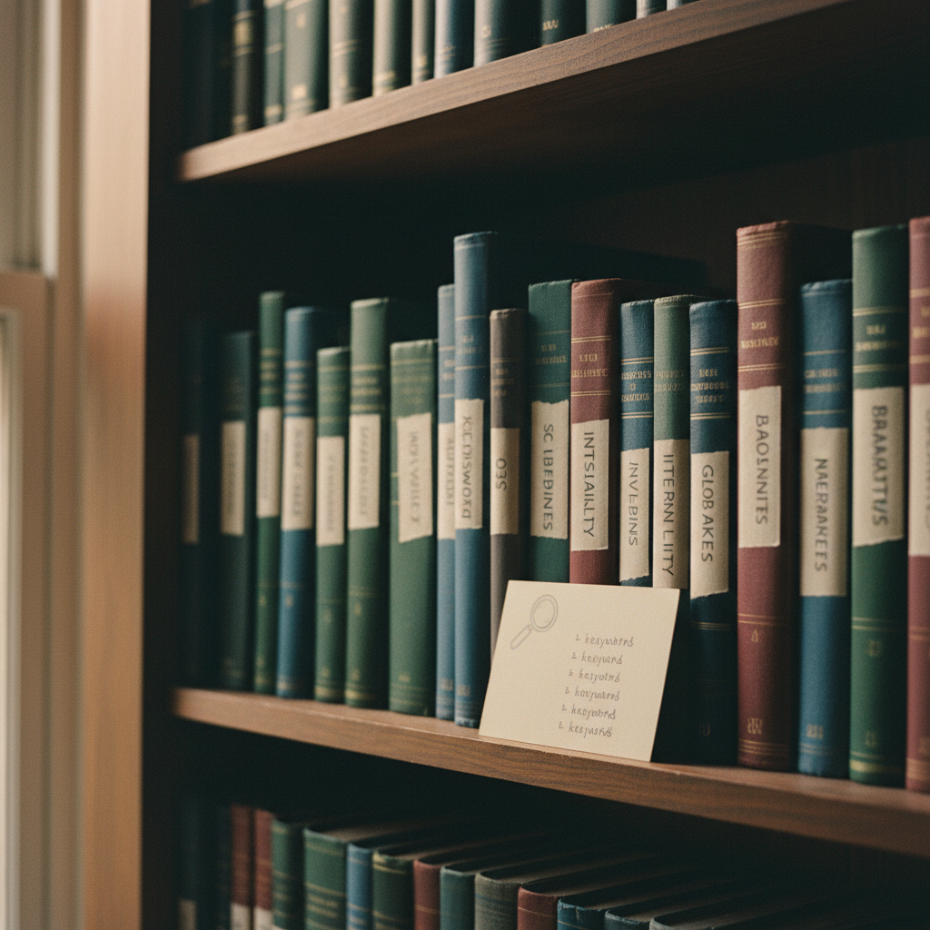 A shelf full of organized reference books and labeled archives.
