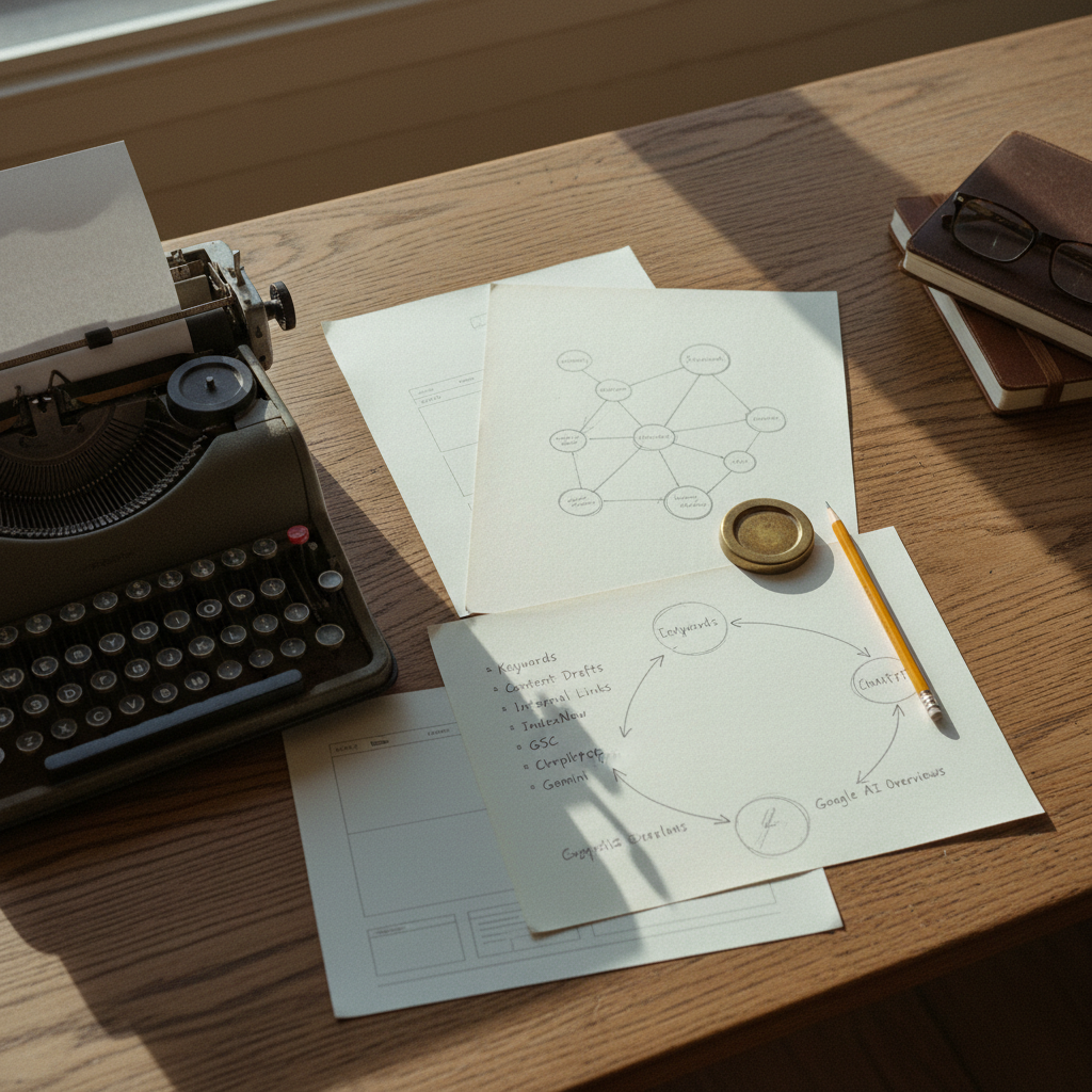 A minimalist workspace with a vintage typewriter and scattered research papers.
