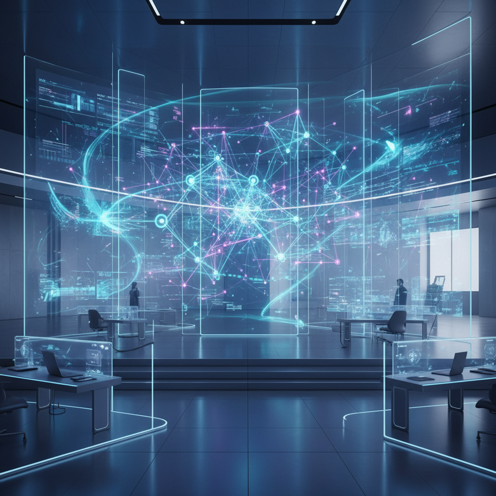 A futuristic command center dashboard showing complex data visualizations of interconnected brand nodes and AI networks.
