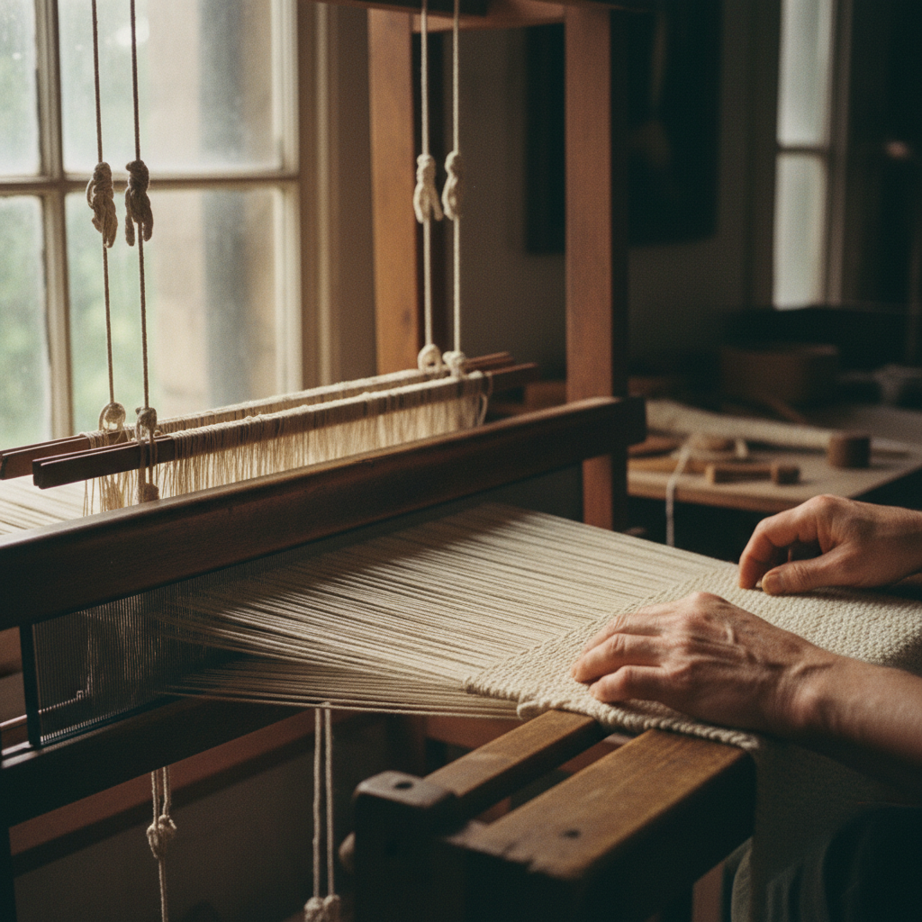 A close-up of a hand weaving thick linen threads on a wooden loom.