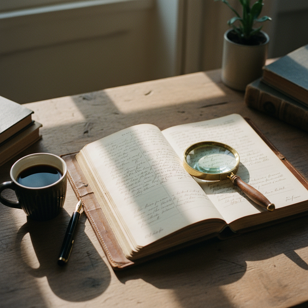 A vintage leather-bound ledger and a magnifying glass on a dark oak desk.