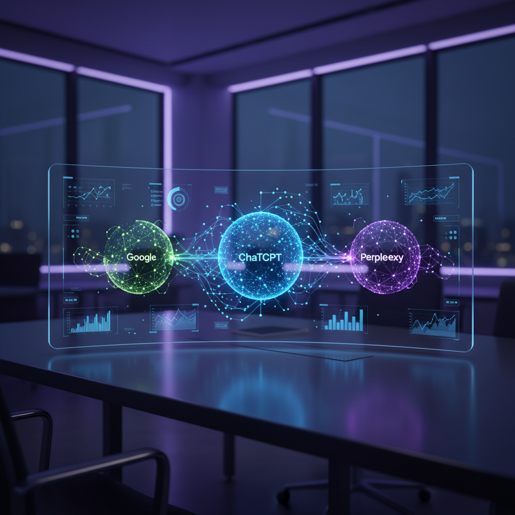 A sophisticated digital command center showing glowing neural networks and search engine analytics.