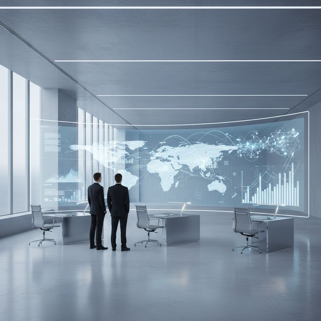 A futuristic command center visualizing global data flows and digital growth metrics.
