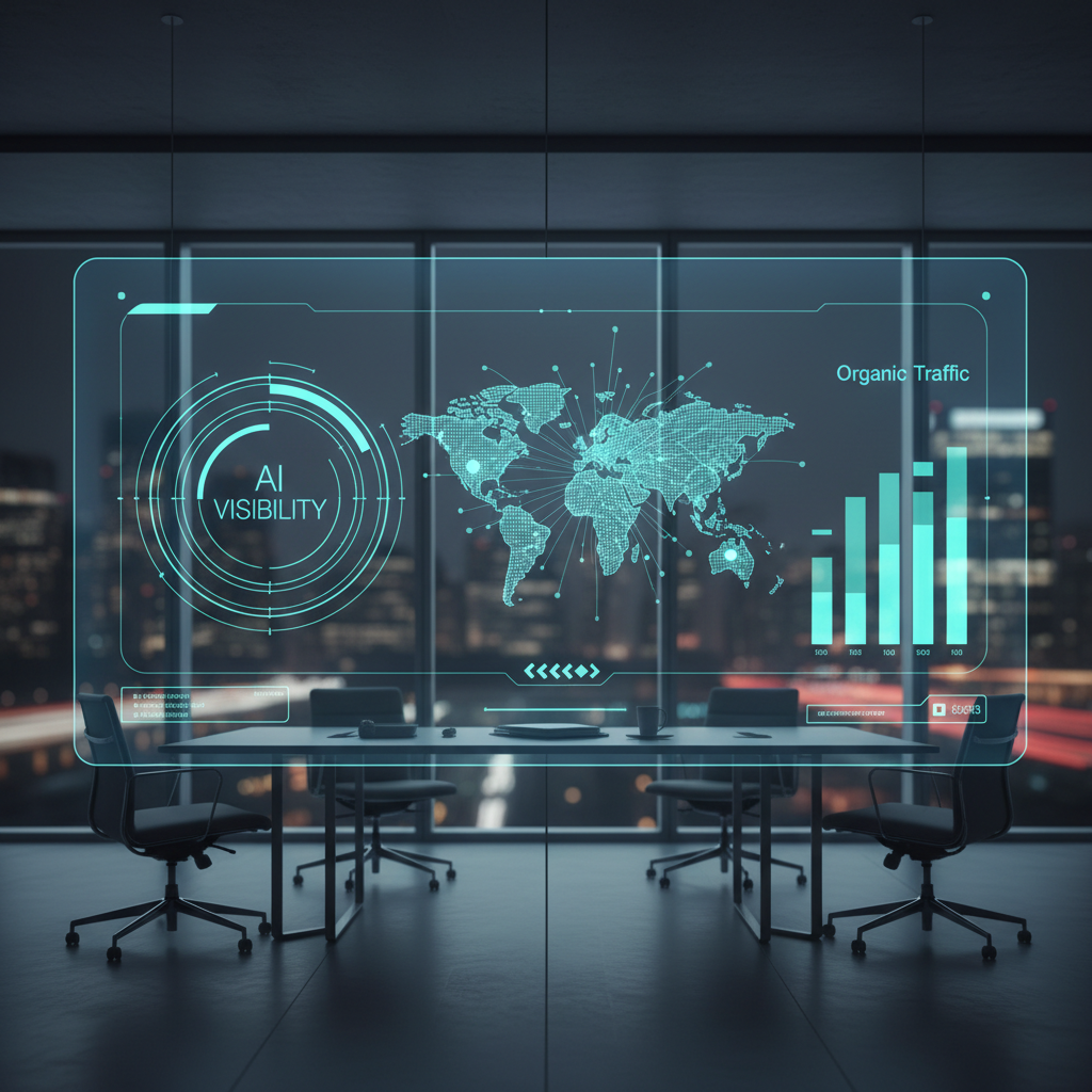A sleek, high-tech dashboard showing global search visibility trends and AI citation metrics.