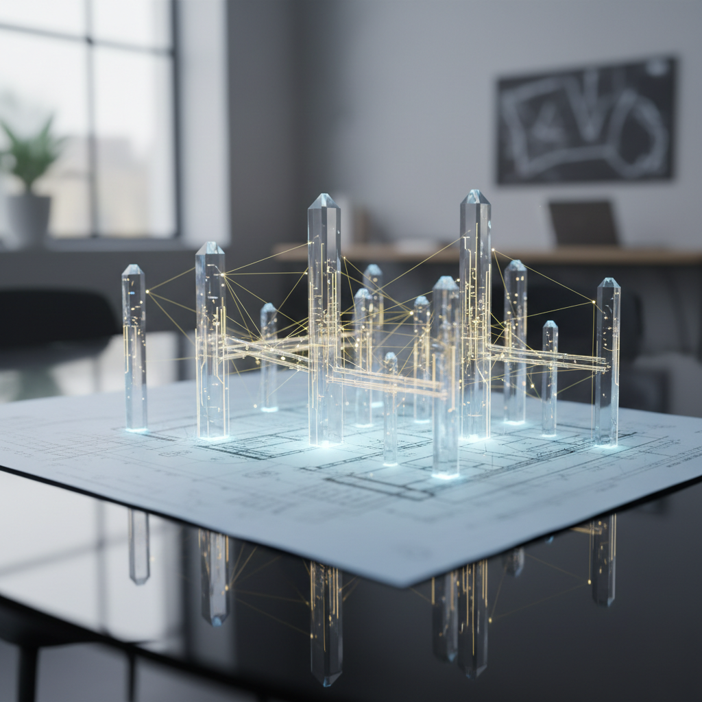 A complex architectural blueprint showing glowing nodes connected by golden threads of light representing a digital entity graph.