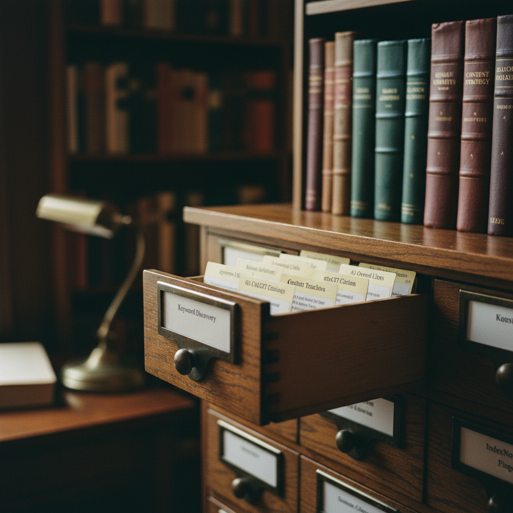 A vintage library card catalog with wooden drawers, symbolizing structured data and organized information retrieval.