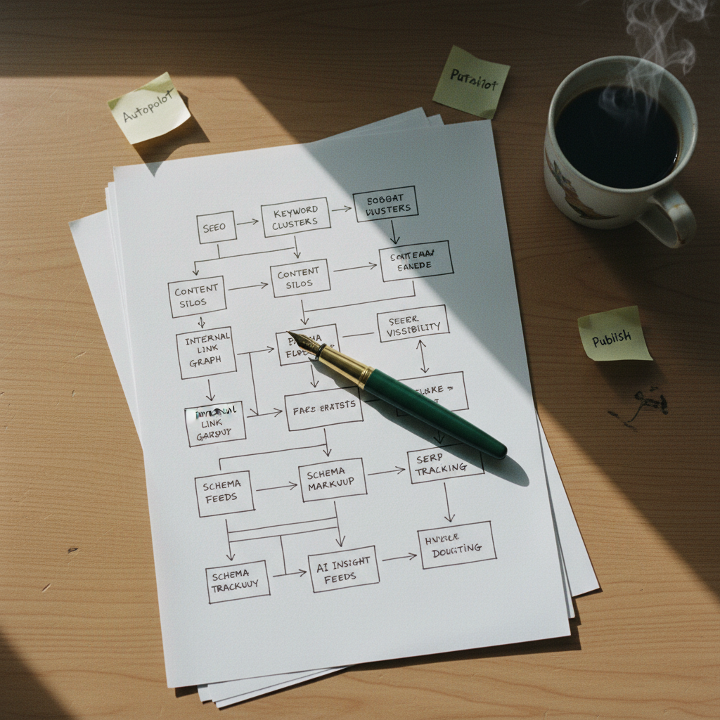 A close-up of a high-end fountain pen resting on a stack of neatly printed SEO performance reports and site maps.