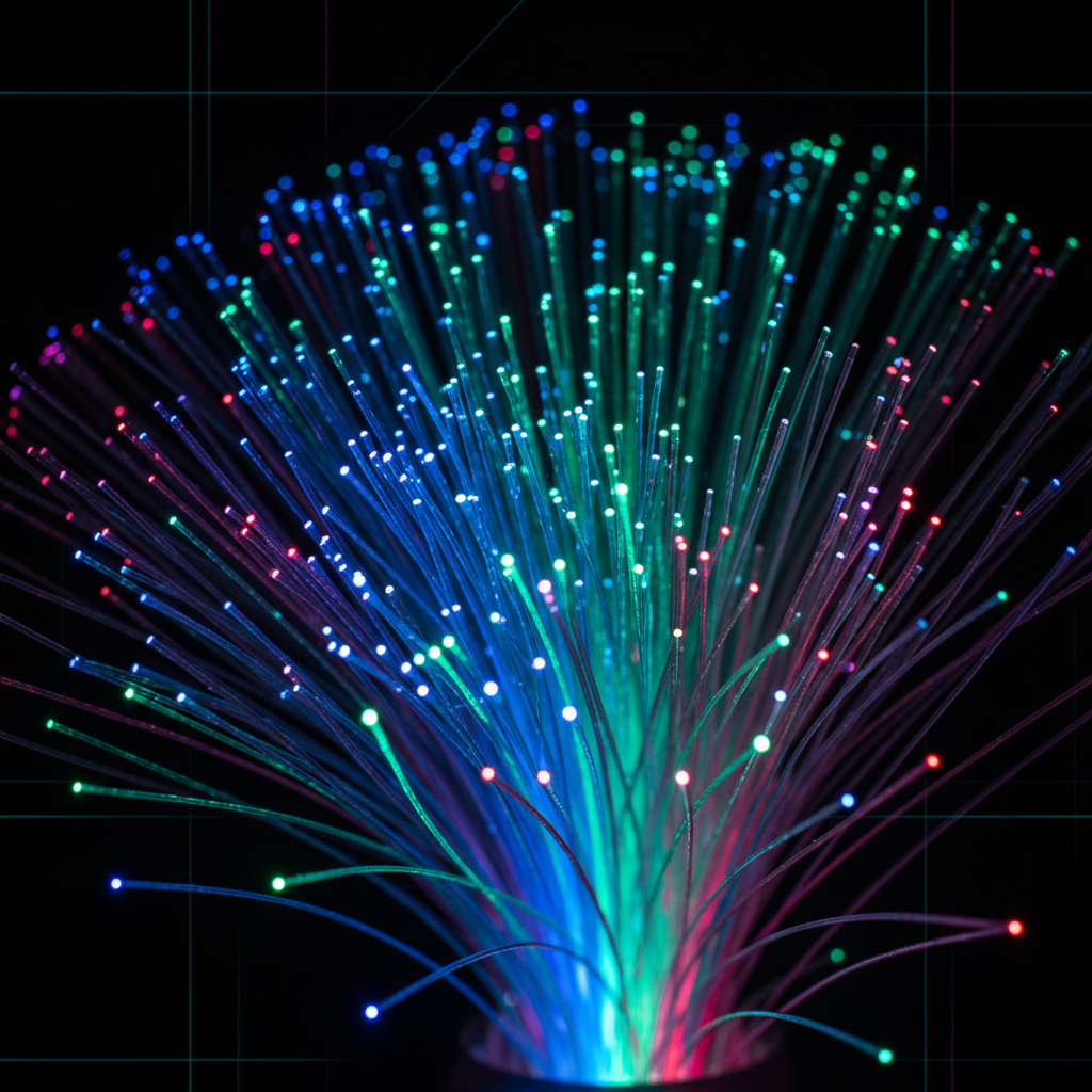 A close-up of a high-speed fiber optic cable glowing with light, representing the protocol of IndexNow.