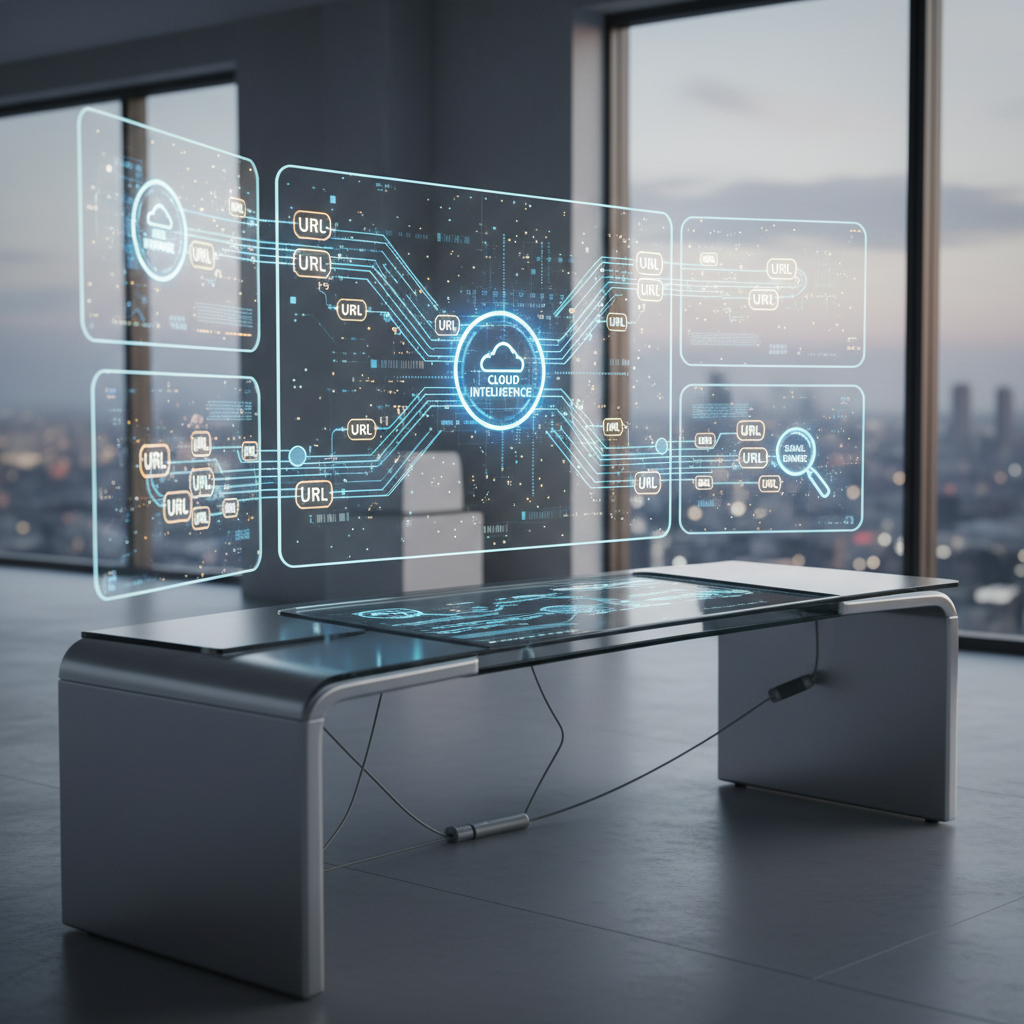 A sophisticated digital command center showing glowing streams of data flowing from a website to various AI engine icons.