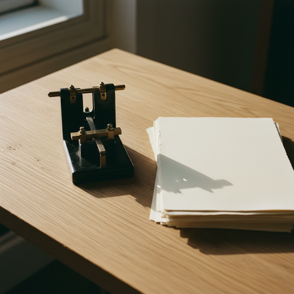 A clean, minimalist desk with a telegraph machine and a stack of fresh paper.