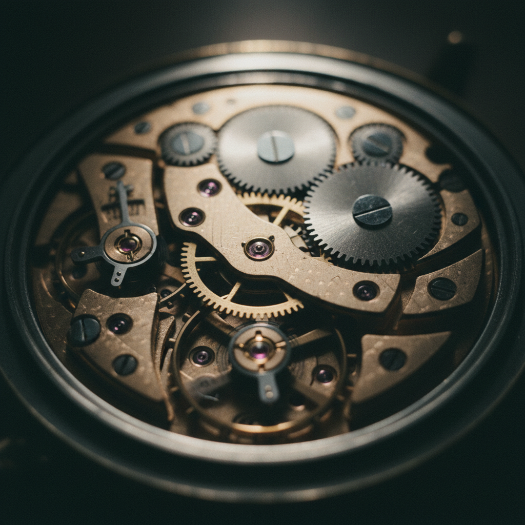 Precision mechanical clockwork internals with brass gears and a dark background.