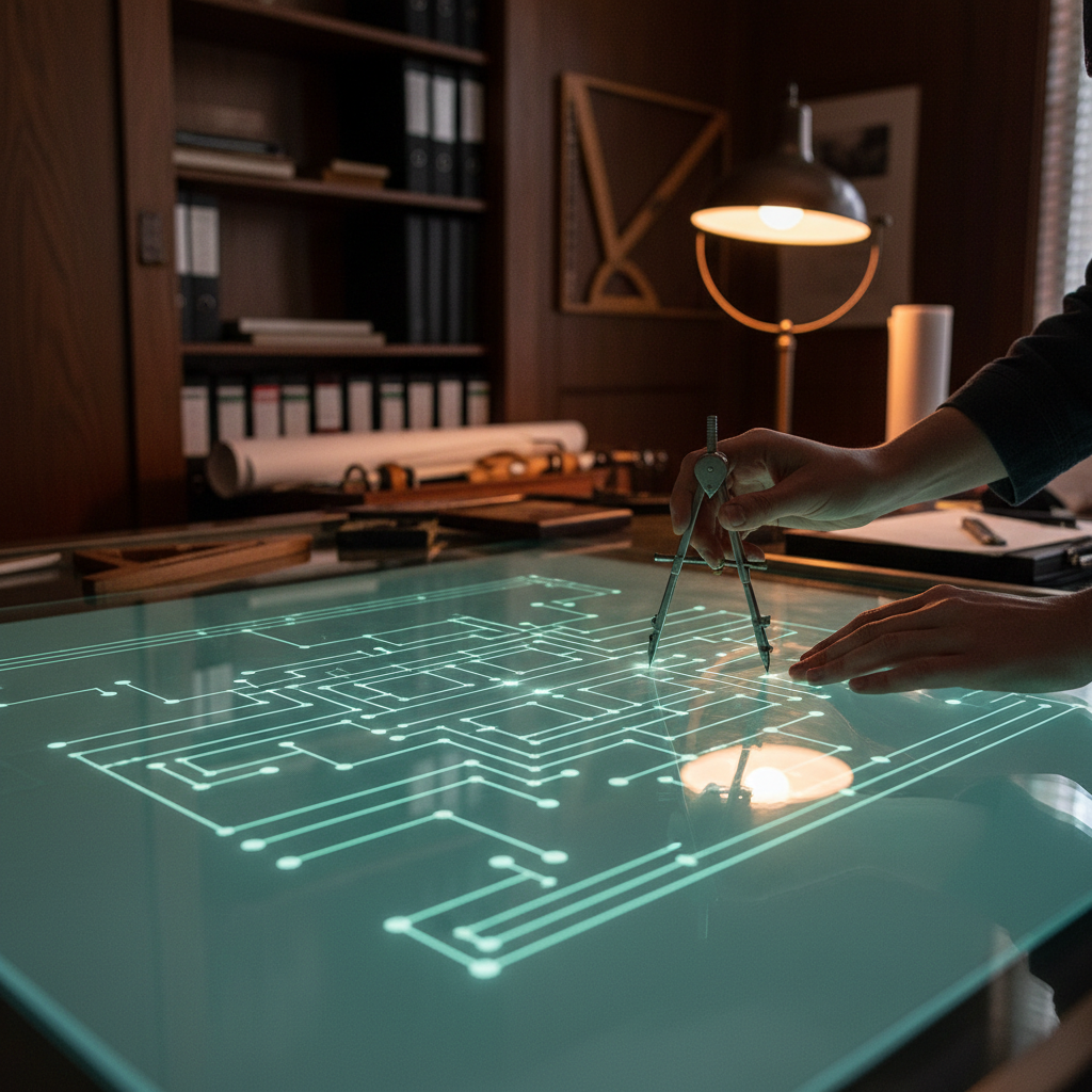 A diagrammatic representation of interconnected nodes on a translucent screen.